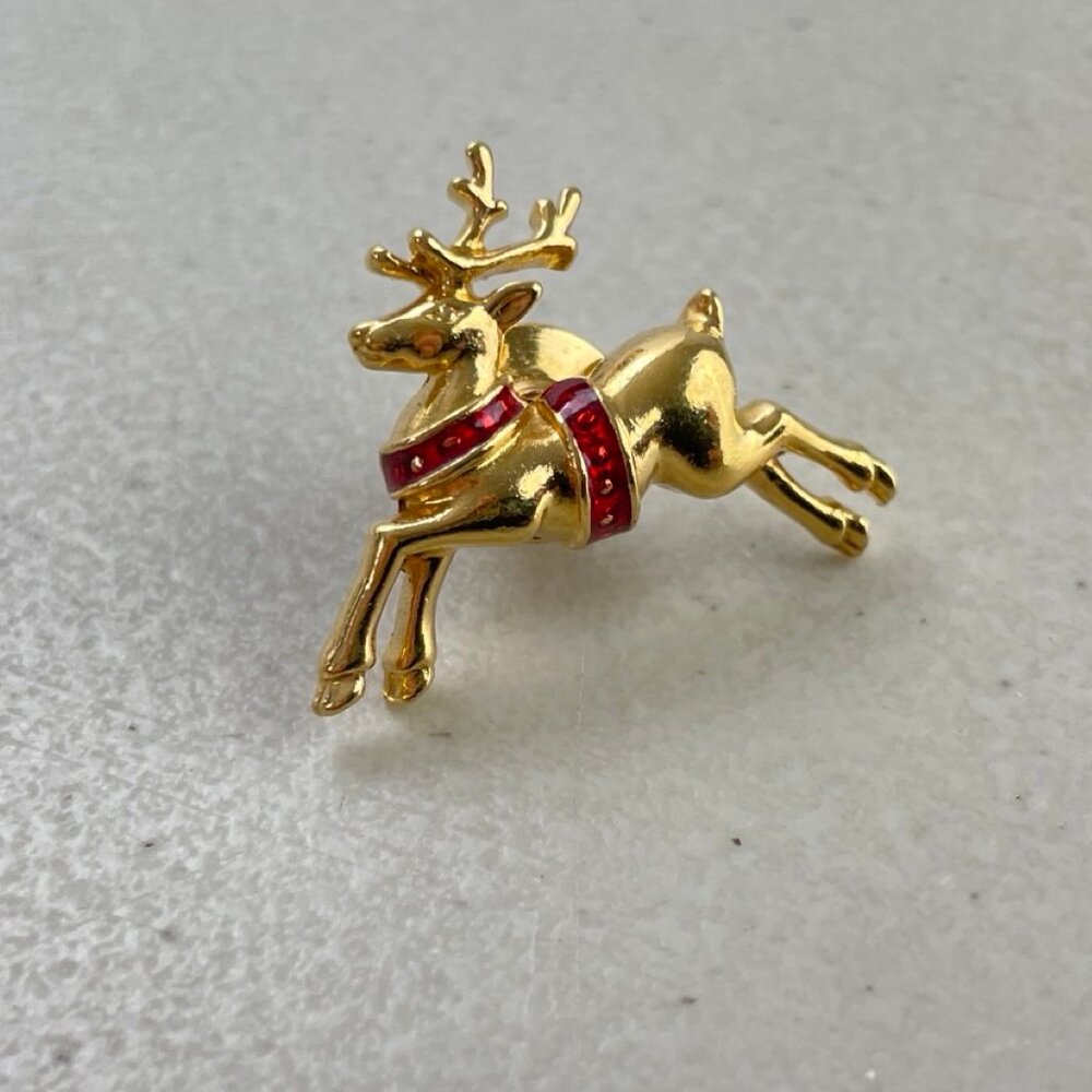 Vintage reindeer pin Mini Holiday Small lapel brooch Gold Red Reindeer Christmas
